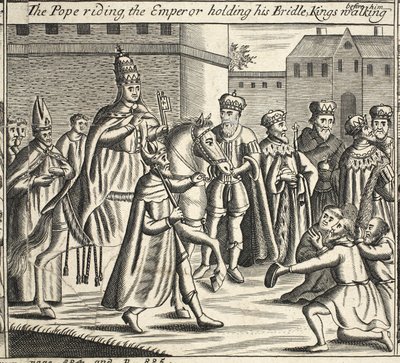 Papež na koni, císař držící uzdu, králové jdoucí před ním, ilustrace ze Skutků a pomníků od Johna Foxe, deváté vydání, hospoda. 1684 od English School