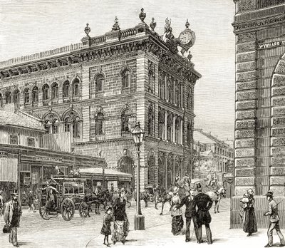 Pošta, George Street, Sydney, asi 1880, z knihy Howarda Willoughbyho "Australian Pictures", vydané Religious Tract Society, Londýn, 1886. od English School