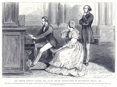 Princ Consort hraje na varhany před Mendelssohnem v Buckinghamském paláci, 1842 od English School