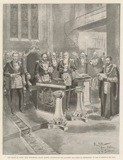 Princ z Walesu, nejctihodnější velmistr, tvořící Chancery Bar Lodge of Freemasons, č. 2456, v Lincoln