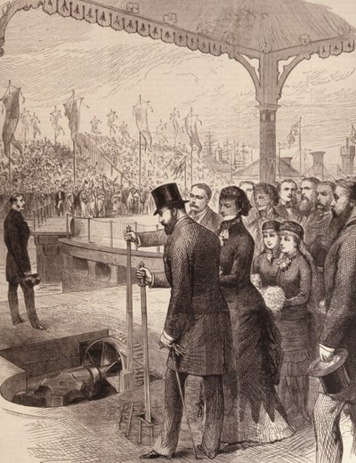 Princ z Walesu otevírá nové severní doky v Liverpoolu, z The Illustrated London News, 17. září 1881 od English School