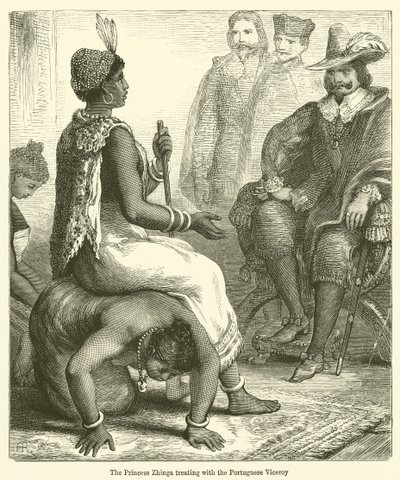 Princezna Zhinga léčí s portugalským místokrálem (rytina) od English School