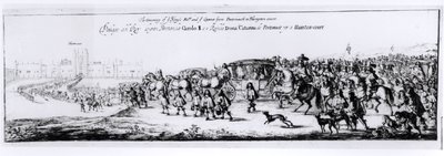 Průvod Karla II. (1630-85) a jeho nové královny Kateřiny z Braganzy (1638-1705) z Portsmouthu do Hampton Courtu, 1662 od English School
