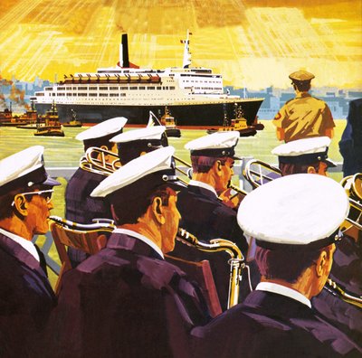 QE2 připlouvá do přístavu v New Yorku na ostrově Manhattan od English School