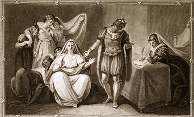 Královna vdova dává sebe a své dcery pod ochranu Richarda III., ilustrace od Davida Humese The History of England, pub. od R. Bowyera, Londýn, 1812 od English School