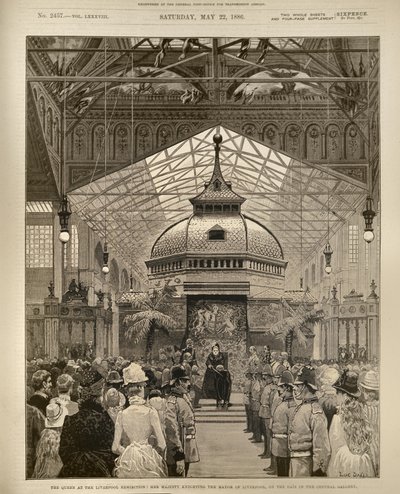 Královna na výstavě v Liverpoolu: Její Veličenstvo Knighting starosty Liverpoolu na pódiu v Centrální galerii, z The Illustrated London News, 22. května 1886 od English School