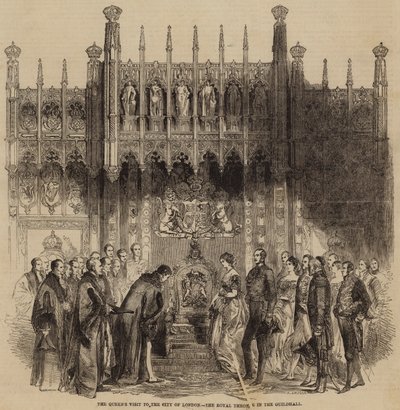Návštěva královny v londýnské City, královský trůn v Guildhall (rytina) od English School