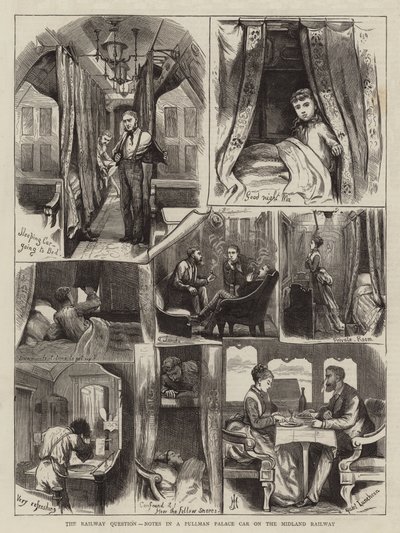 Železniční otázka, poznámky ve voze Pullman Palace na Midland Railway (rytina) od English School