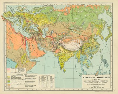 Civilizační říše kolem roku 200 n. l. a přírodní podmínky ovlivňující jejich vztahy (barevná litografie) od English School