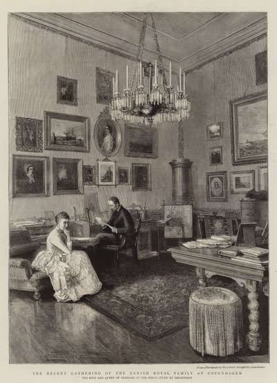 Nedávné shromáždění dánské královské rodiny v Kodani (rytina) od English School