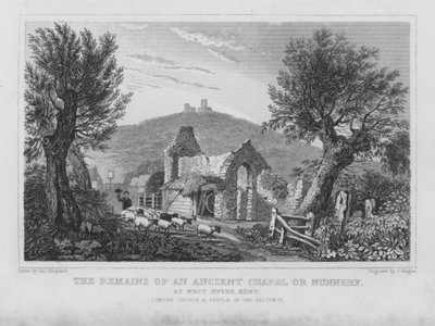 Zbytky starobylé kaple nebo kláštera ve West Hythe, Kent (rytina) od English School