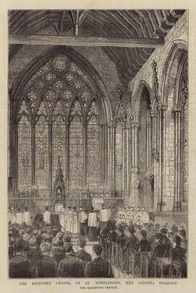 Obnovená kaple svaté Etheldredy (Ely Chapel) Holborn (rytina) od English School