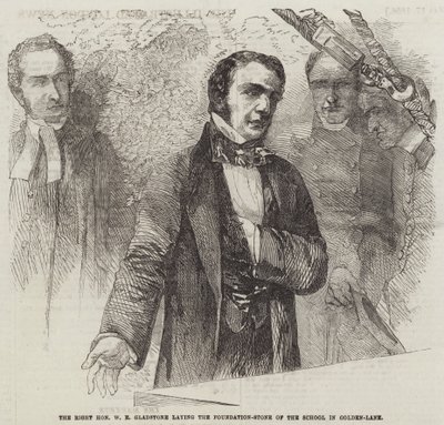 Správný čestný W E Gladstone, který pokládá základní kámen školy v Golden-Lane (rytina) od English School
