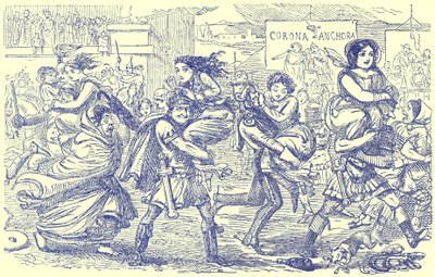 Římané odcházející se Sabinkami, ilustrace z knihy The Comic History of Rome od Gilberta Abbotta a Becketta, vydané kolem roku 1850 (digitálně upravený obrázek) od English School