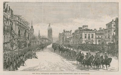 Královský průvod vracející se z Westminsterského opatství do Whitehallu od English School