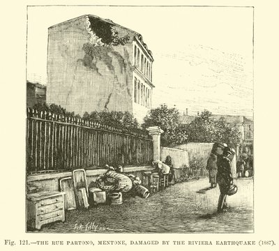 Rue Partono, Mentone, poškozená zemětřesením na Riviéře, 1887 od English School