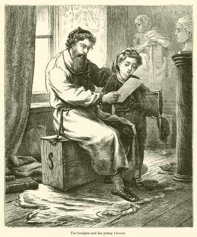 Sochař a mladý malíř (rytina) od English School