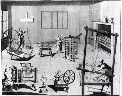 Druhá deska vlněné manufaktury s ukázkou umění předení, navíjení, soukání a tkaní vlněné látky, vyrytá pro „The Universal Magazine“, 1749 od English School