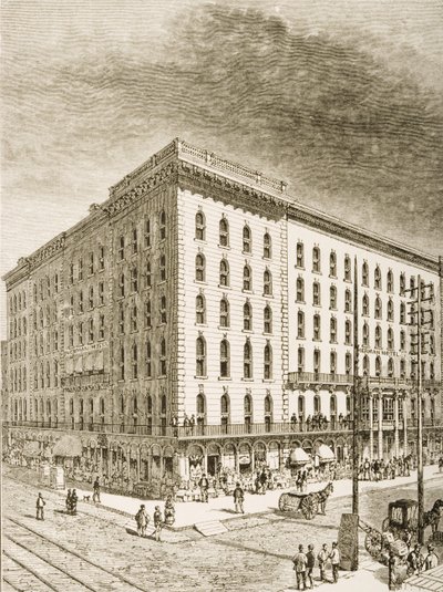The Sherman Hotel, Chicago, kolem roku 1870, z „American Pictures“ vydané společností Religious Tract Society, 1876 od English School