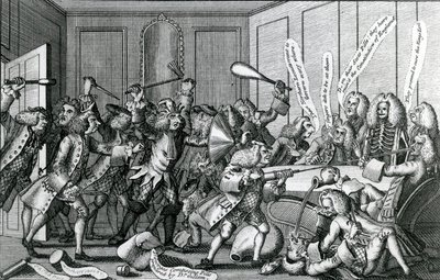 Obléhání hradu Warwick aneb Bitva mezi členy a držiteli licence, 1768 od English School