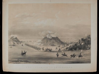 The Skirmish at Driekoppen, near Zwaartkopjes, 1845, rytý Paul Gauci (1834-66), publikoval v c.1845 od English School
