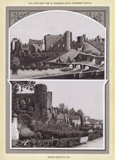Jihovýchodní pohled na hrad Brecknock, 18. století; Brecon Castle dnes (litho) od English School