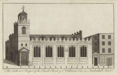 South West Prospect farního kostela St Catherine Cree v Leadenhall Street, Londýn od English School