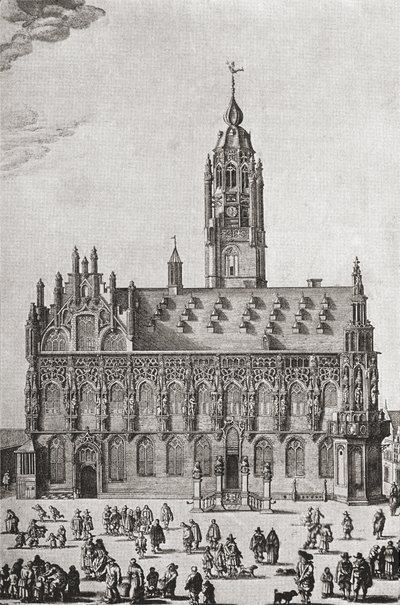 Stadhuis, Middelburg, jak tomu bylo v 16. století, z „Krátké historie anglického lidu“ od J. R. Greena, vydané v roce 1893 od English School