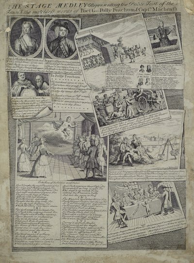 Stage Medley představující zdvořilý vkus města a bezkonkurenční zásluhy básníka G., Polly Peachumové a kapitána Macheatha, kolem roku 1728 od English School