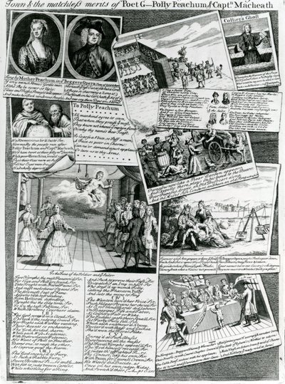 Stage Medley představující zdvořilý vkus města a bezkonkurenční zásluhy básníka G., Polly Peachumové a kapitána Macheatha, kolem roku 1728 od English School