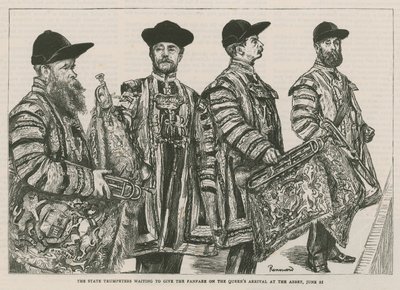 Státní trubači čekající na fanfáru při příjezdu Queenů do opatství od English School