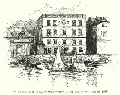 Steel Yard atd., Thames Street, po velkém požáru v roce 1666 (rytina) od English School