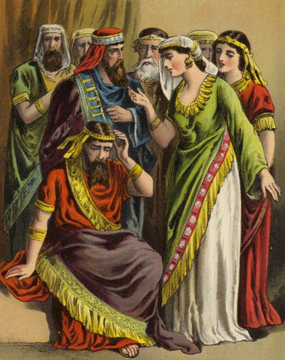 Příběh královny Ester: Haman podává svou stížnost Zeresh, jeho ženě a všem jeho přátelům (barva litho) od English School