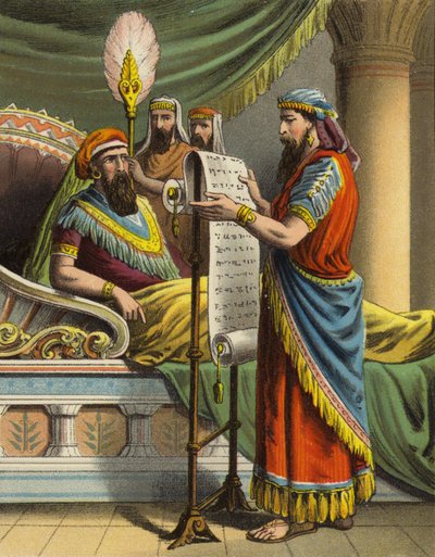 Příběh královny Ester: Král Ahasver slyší o Mordechajovi v knize rekordů (barevné litho) od English School