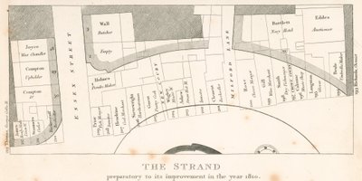 Strand, Londýn, před jeho zlepšením v roce 1810; plán oblasti od English School