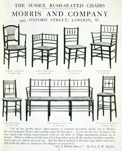 Židle Sussex Rush-Seated Chairs, vyrobené společností Morris and Company od English School