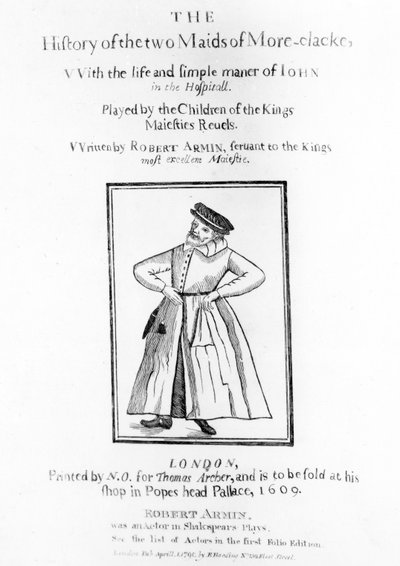 Titulní strana knihy Roberta Armina The History of the Two Maids of More-clarke, 1609 od English School