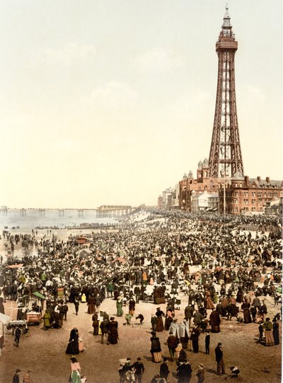 Věž a pláž, Blackpool (ručně kolorovaná fotografie) od English School