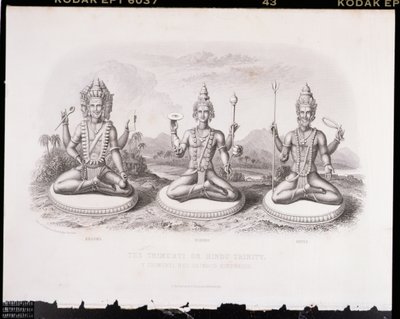 Trimurti neboli hinduistická trojice, rytina A. Thorna, z knihy World Religion, vydané nakladatelstvím A. Fullarton & Co. od English School