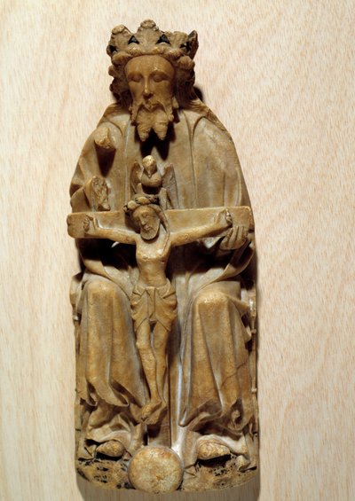 Bůh Trojice pokoušel svého syna Ježíše na kříž. Socha v albatru anglické školy. Paříž 15. století, Národní muzeum středověku, Thermes de Cluny od English School