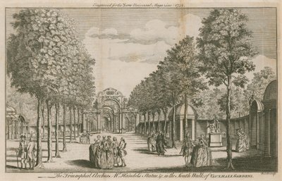 Triumfální oblouky, socha pana Handelse, v South Walk of Vauxhall Gardens v Londýně od English School