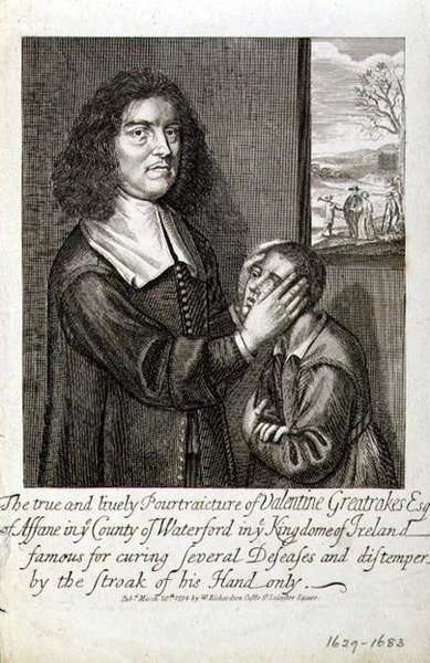 Pravdivá a živá karikatura Valentina Greatrakese Esq. (1629-1683) vydaná W. Richardsonem, Londýn od English School