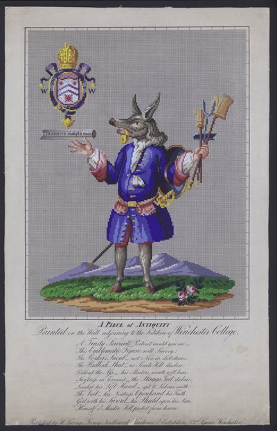 The Trusty Servant, namalovaný na stěně sousedící s kuchyní Winchester College, Hampshire, anglickým básníkem Johnem Hoskinsem v roce 1579 od English School