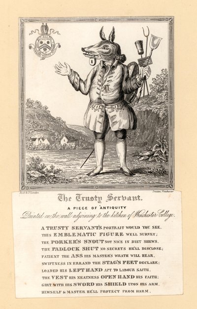 The Trusty Servant, obraz z roku 1579 od anglického básníka Johna Hoskinse na zdi sousedící s kuchyní Winchester College, Hampshire (rytina) od English School