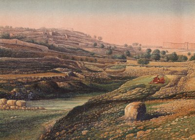 Údolí a dolní jezírko Gihon, Jeruzalém (barevná litografie) od English School