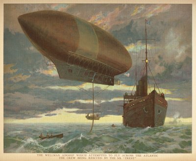„Vzducholoď Wellman, která se pokusila přeletět přes Atlantik, posádku zachránila SS „Trent“. Kniha vzducholodí malých lidí. Londýn: Ernest Nister, [1912] od English School