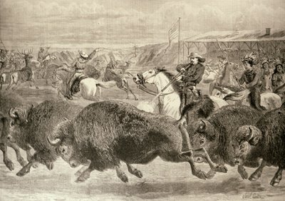 „Divoký západ“ na Velké americké výstavě: Lov bizonů a jelenů Wapiti, z „The Illustrated London News“, 18. června 1887 od English School