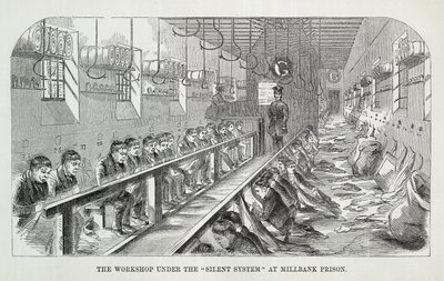 Workshop under the Silent System ve věznici Millbank, z The Criminal Prisons of London a Scenes of Prison Life od Henry Mayhew (1812-87) a John Binny, 1862 od English School