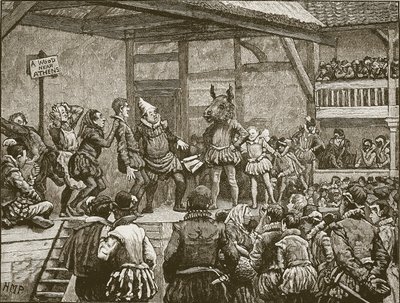Hra jedné ze Shakespearových her v době královny Alžběty, ilustrace z Cassells Illustrated History of England (sépiová fotografie) od English School
