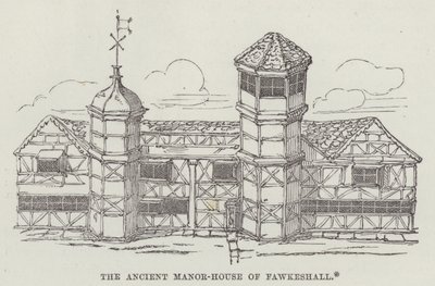 Starobylé panské sídlo Fawkeshall (rytina) od English School